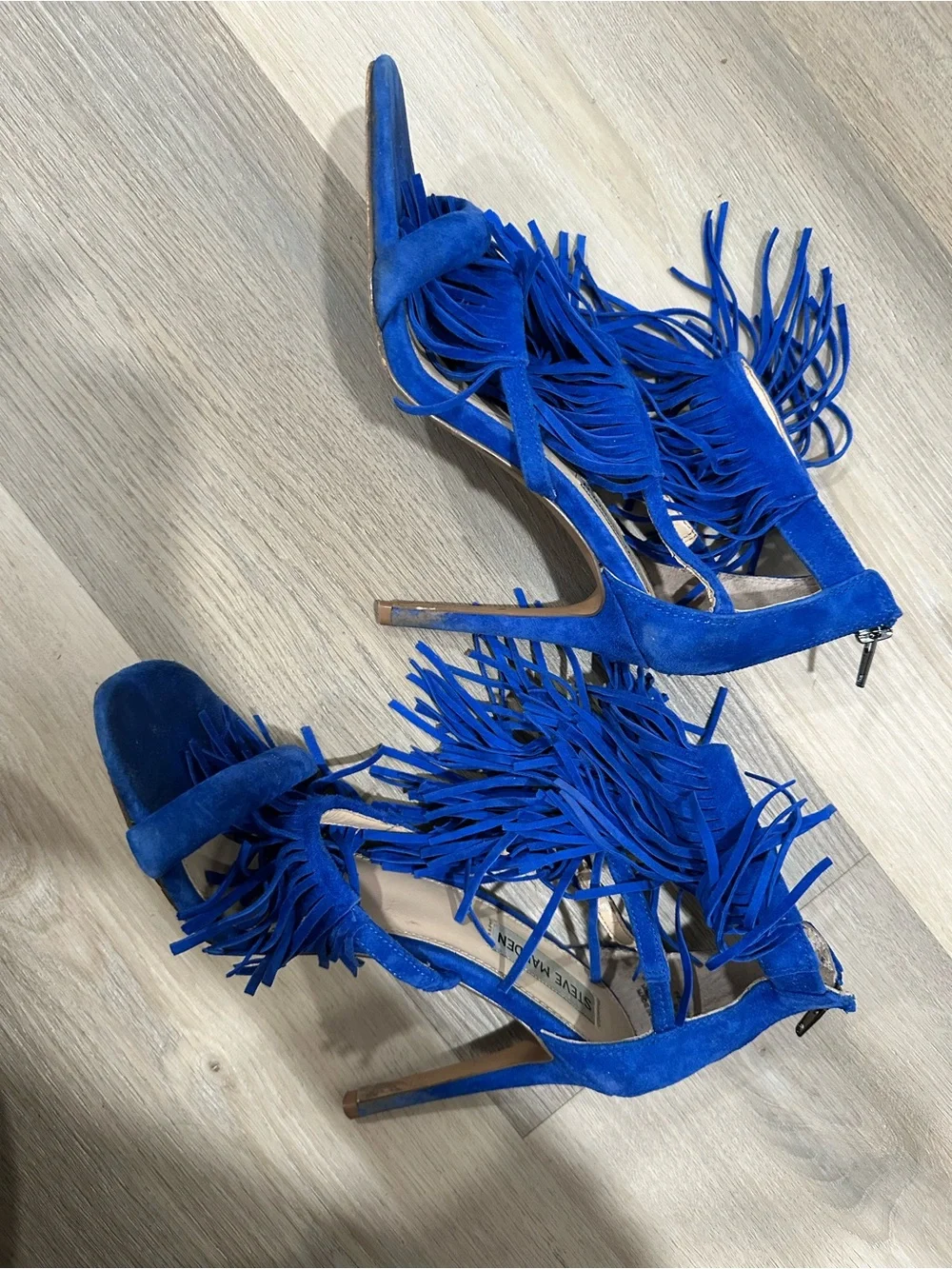 Blue Fringe Suede Steve Madden Stiletto High Heel Sandals - Women